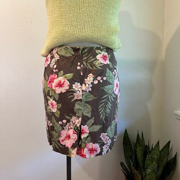 Jones Vintage 90s Brown Tropical Floral Print Cotton Summer Mini Skirt Size 14 - Picture 2 of 10